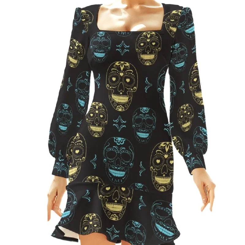 Flowery Long Sleeves Smock DressWomen's blue & Gold Skulls Ruffle Hem Long Sleeve Dress