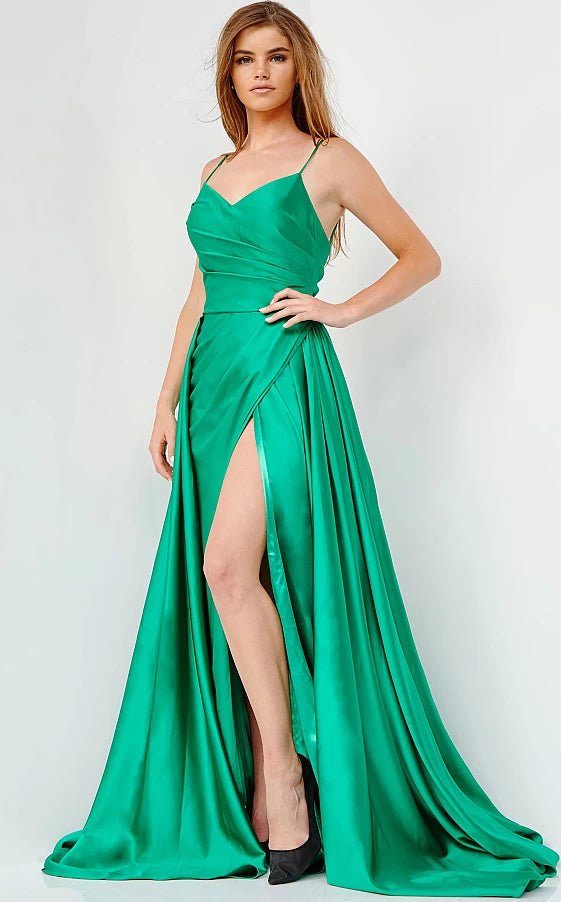 sparkly prom dressesJVN07800 Emerald Pleated Bodice Satin Prom Gown