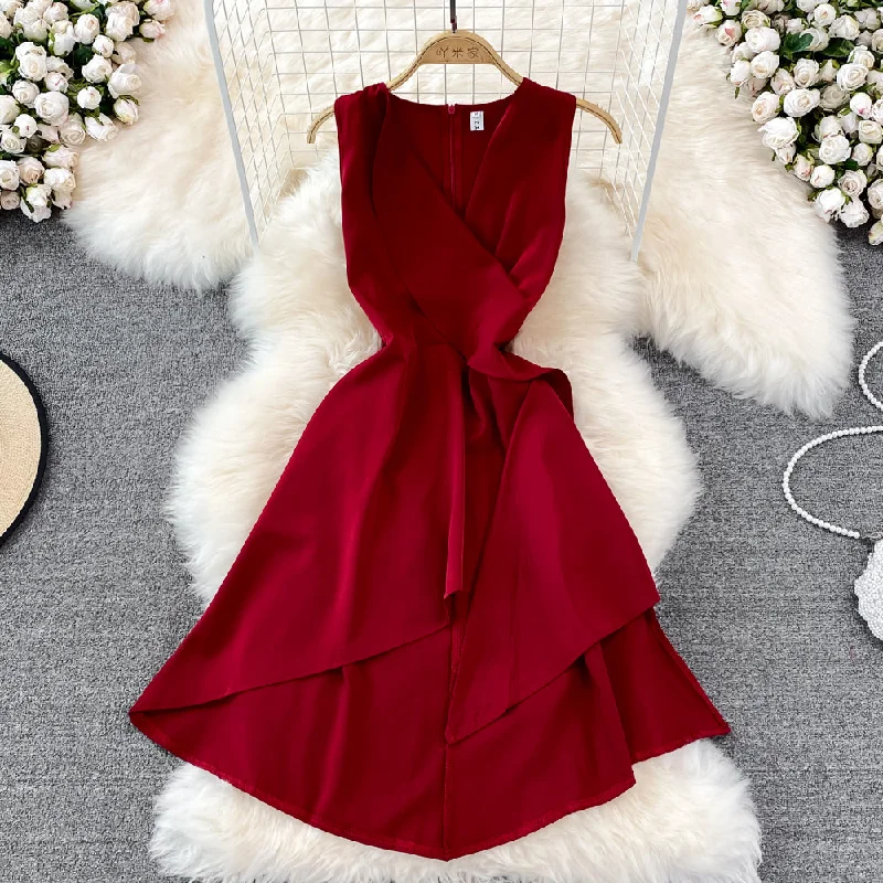 Sleeveless Dress With High-Low HemV-neck high waist slim Ruffle sleeveless A-line dress  11029