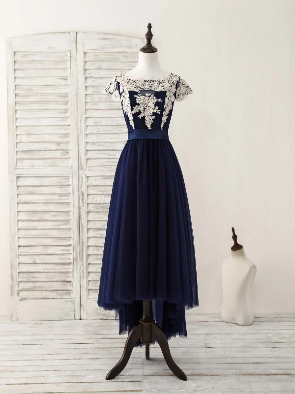 prom dress cleaningDark Blue Tulle Lace Applique High Low Prom Dresses