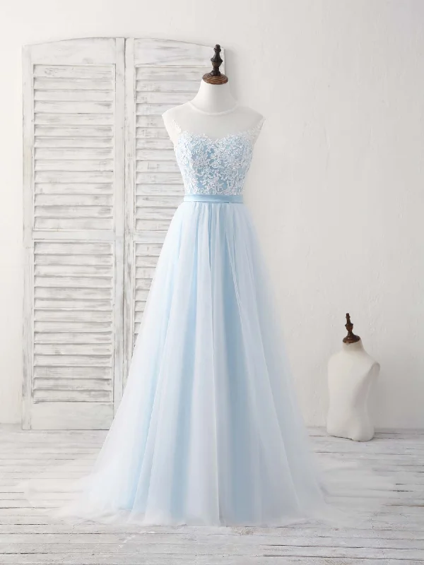 pastel prom dressesBlue Round Neck Tulle Lace Applique Long Prom Dresses