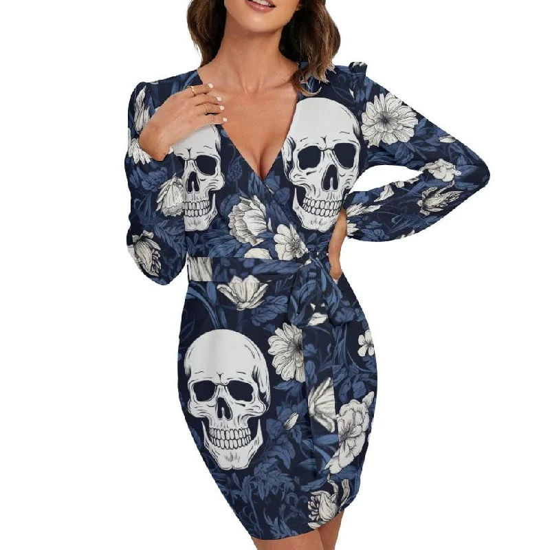 Flowing Long Sleeves Ruffle DressWomen's Blue Floral Skulls V-Neck Long Sleeve Dress With Waist Belt