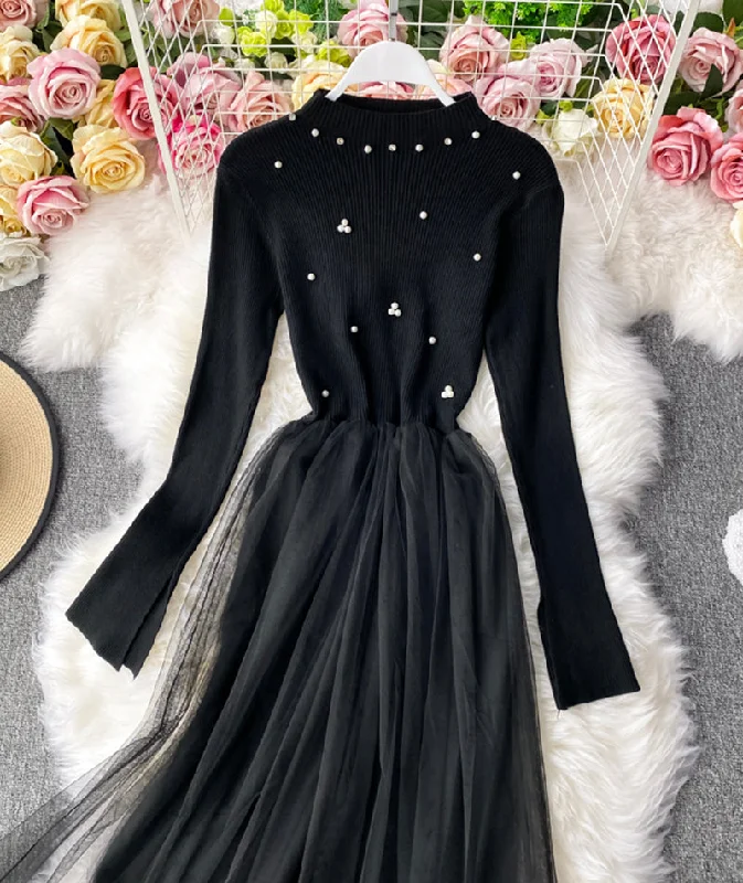 Flowing Long Sleeves Empire DressKnitted tulle panel dress long sleeve dress  202