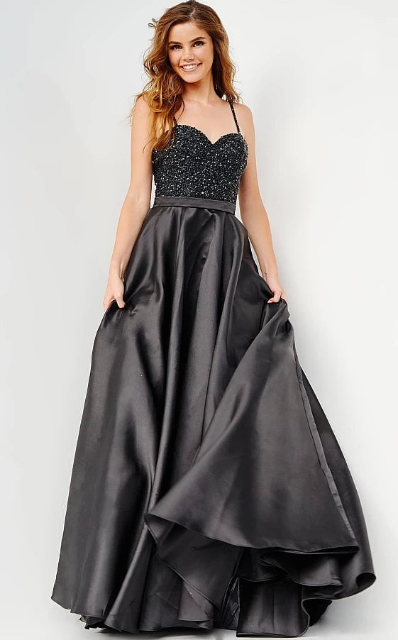 vintage prom dressesJVN08475 Black A Line Embellished Bodice Prom Gown