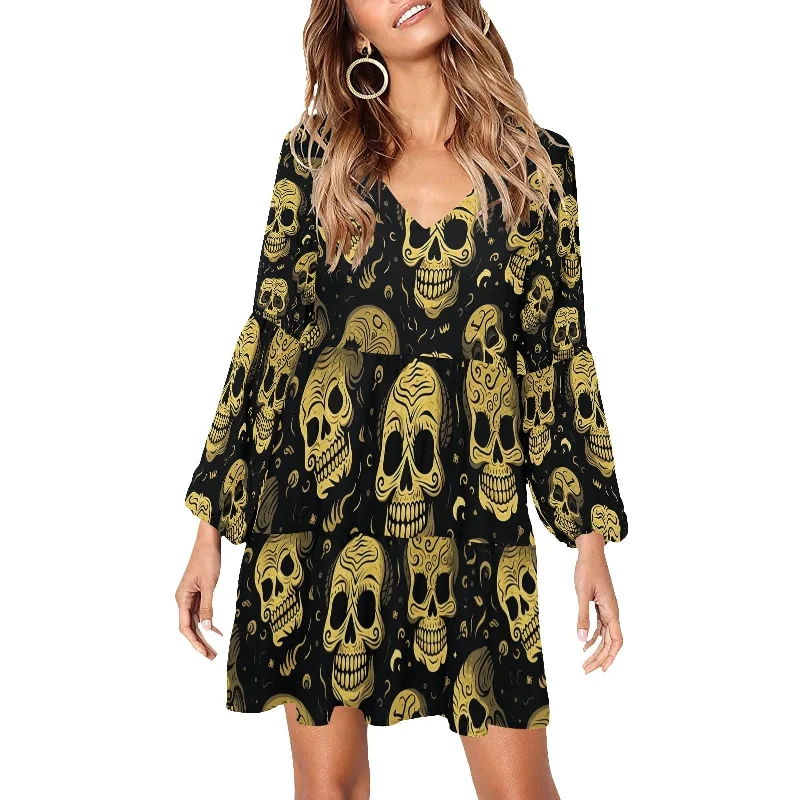 Fuzzy Long Sleeves Velvet DressGold Skulls V-Neck Dress - Loose Fit, Long Sleeves