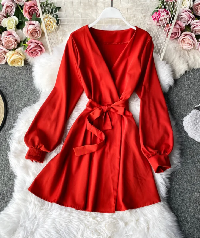 Flexible Cotton Long Sleeves DressSimple v neck short dress long sleeve dress  956