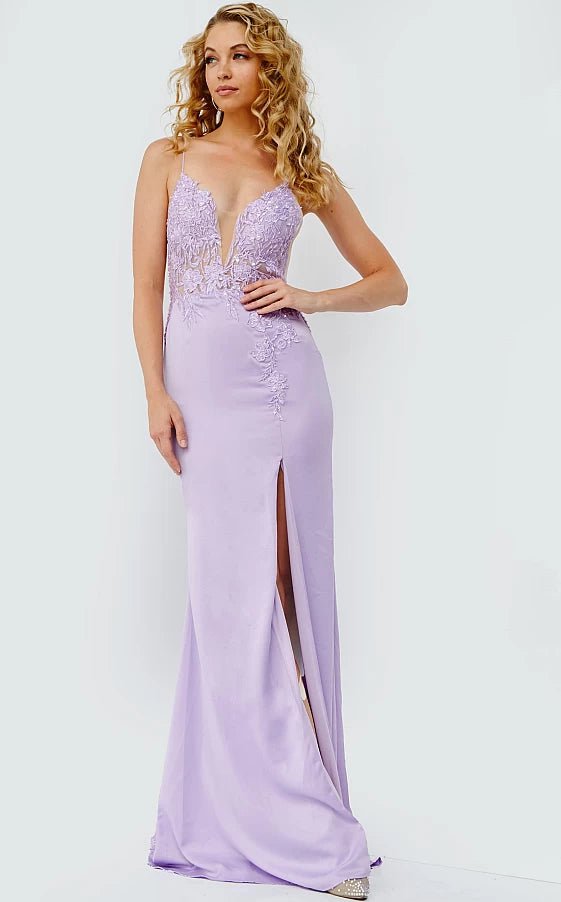 backless prom dressesJVN23124 Lilac Embroidered Bodice Plunging Neck Prom Dress