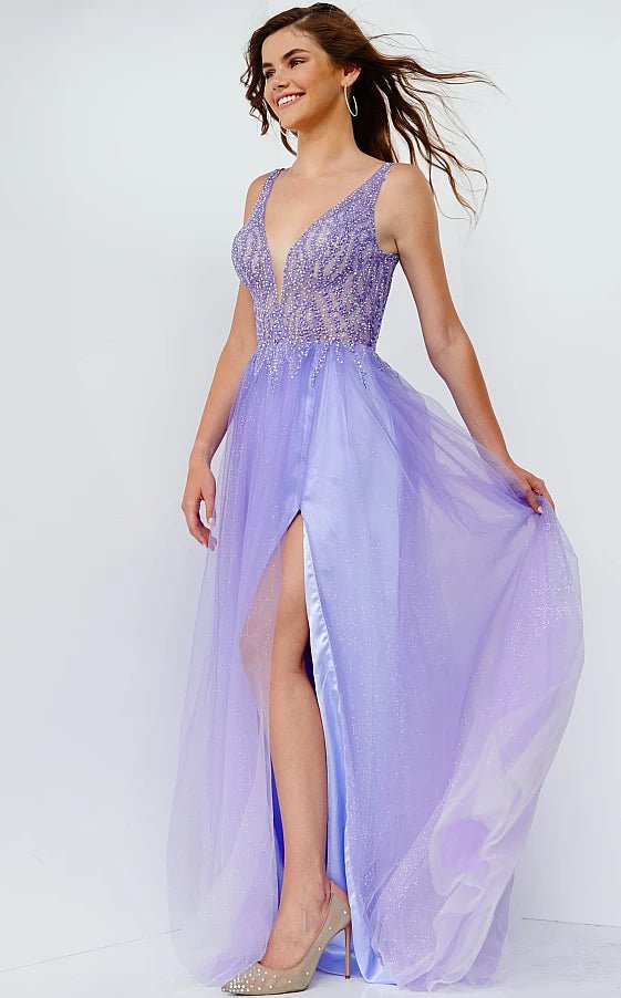 affordable prom dressesJVN07387 Purple Embellished Bodice Tulle Prom Dress