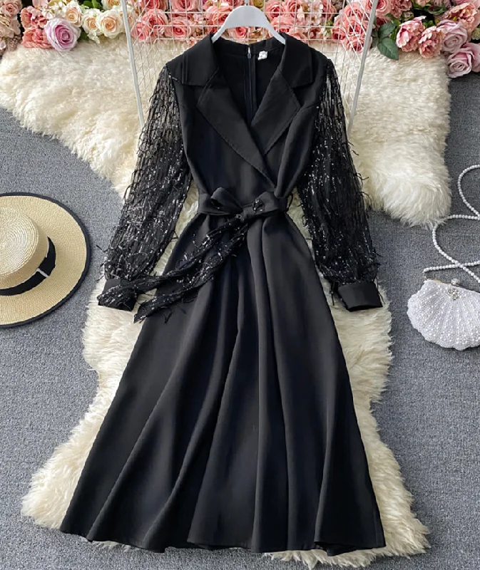 Flowing Tulle Long Sleeves DressBlack v neck sequins long sleeve dress  958