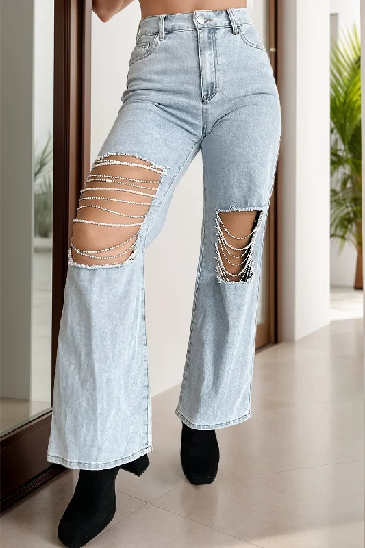 women's denim jeans with raw hemsDistressed Bead Chain Straight Jeans