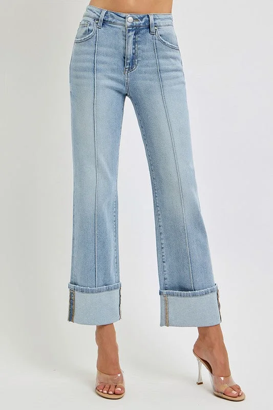 women's denim jeans with buttonsLight Denim High Rise Straight Leg Wide Cuffed Jeans