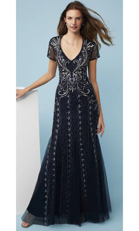 Formal Dress for Historical ReenactmentsAdrianna Papell - AP1E207147 Short Sleeve V Neck Beaded Mesh Gown