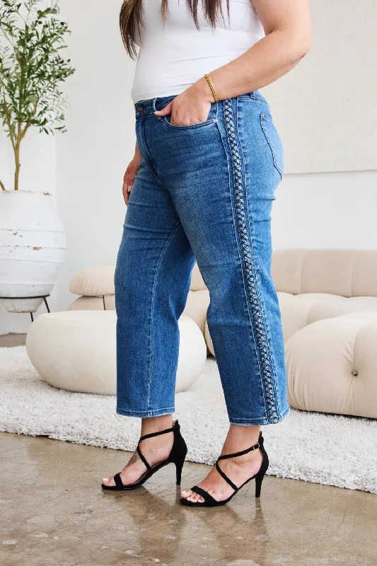 women's denim jeans for springJudy Blue Full Size Braid Side Detail Wide Leg Jeans