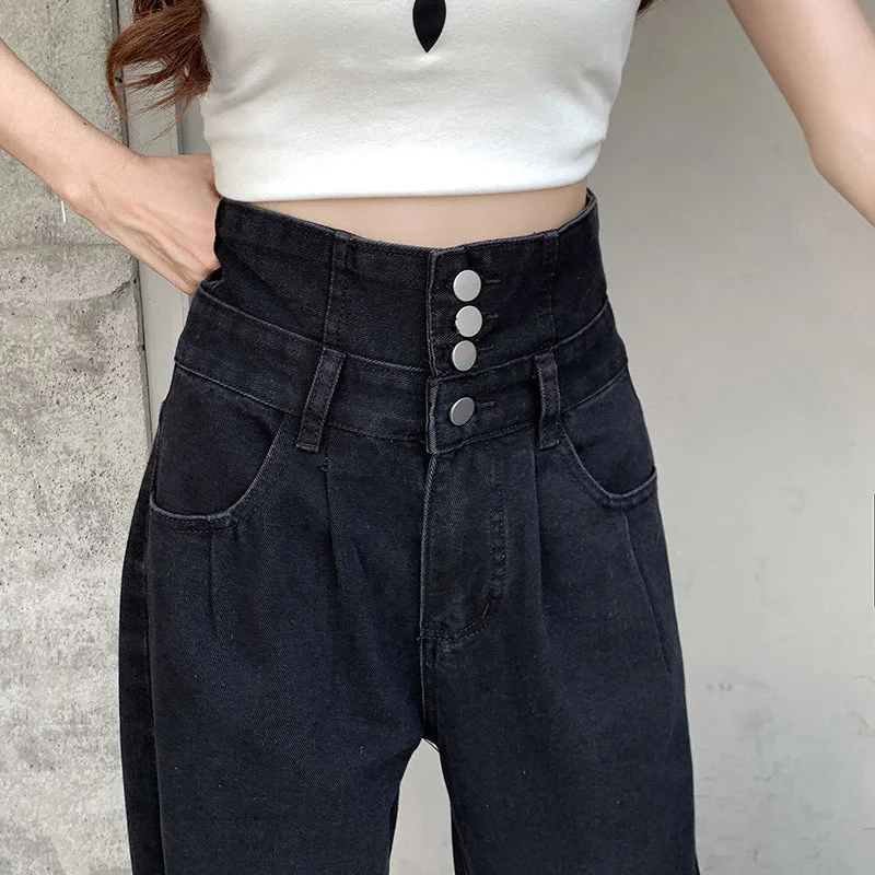 women's denim jeans with leather patchesKittenAlarm - High Waist Extended Button Black Long Jeans Pants