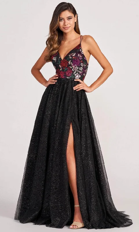 Formal Dress Trends 2023Colette By Daphne CL2039 - Glittered Floral A-line Slit Gown