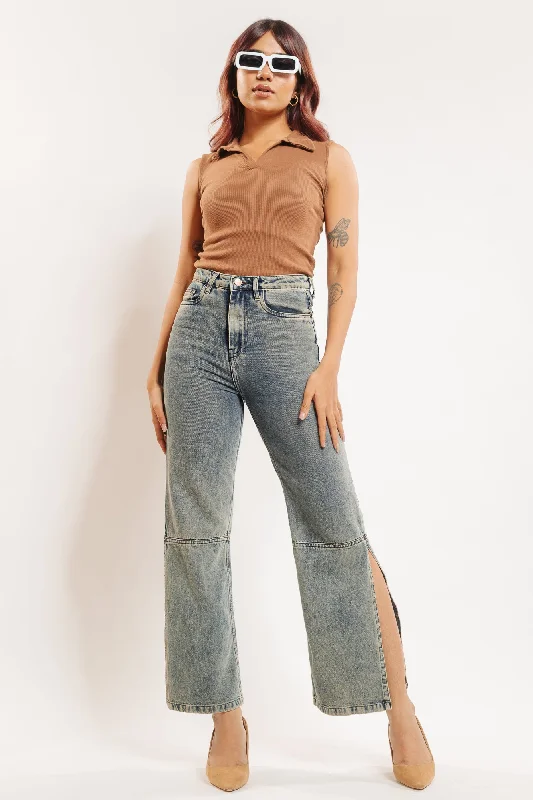 women's denim jeans for partiesVintage Washed Side Slit Jeans