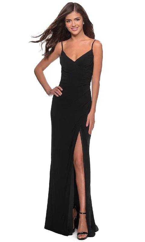 Formal Dress for Large WeddingsLa Femme - 28079 Long Surplice High Slit Jersey Gown