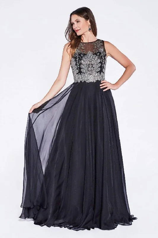 Formal Dress Alterations Near MeCinderella Divine - Sleeveless Illusion Metallic Appliqued A-Line Gown