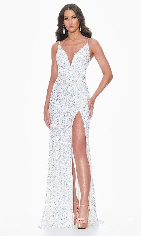 Formal Dress for Bar MitzvahsAshley Lauren - 11037 V-Neck Lace-up Back High Slit Full Sequin Gown