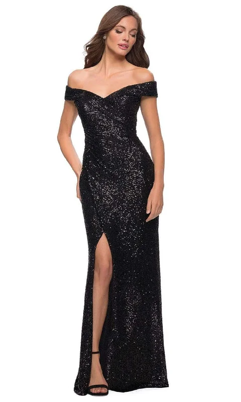 Formal Dress for Beach ThemesLa Femme - 29831 Off Shoulder High Slit Full Sequin Gown