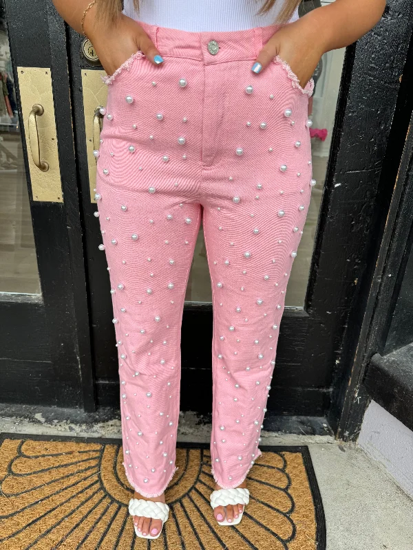 women's denim jeans with functional pocketsEmbellished pearl pink jeans