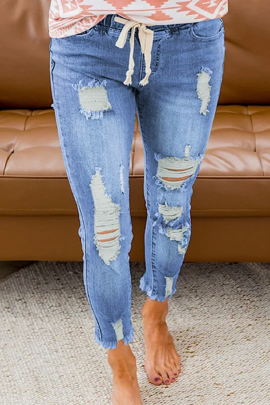 women's denim jeans for a night at the clubKittenAlarm - Women's Casual Washed Ripped Jeans Skinny Leg Elastic Waist Drawstring Denim Pants