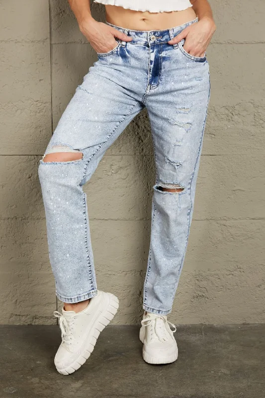 women's denim jeans with cotton blendBaeful Splatter Distressed Acid Wash Jeans with Pockets