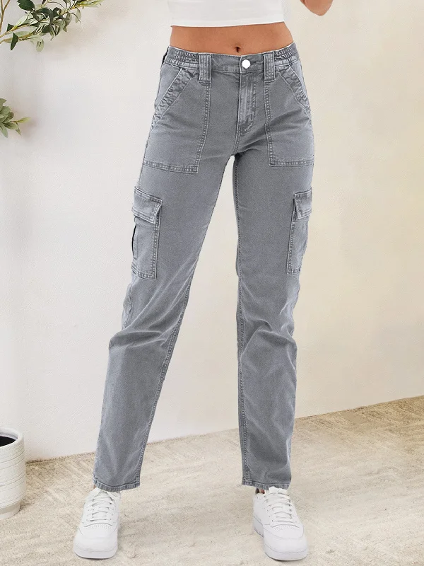 women's denim jeans with embroidery on pocketsButtoned Straight Jeans with Cargo Pockets