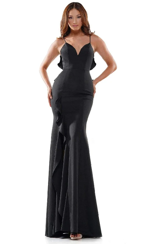 Formal Dress for Hotel GalasColors Dress - 2646 Sweetheart Bodice Ruffle Trim High Slit Gown