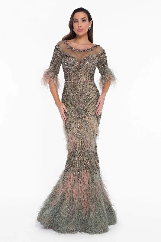 Custom Formal Dress TailorsTerani Couture - 1821GL7412 Feather Ornate Illusion Scoop Beaded Gown