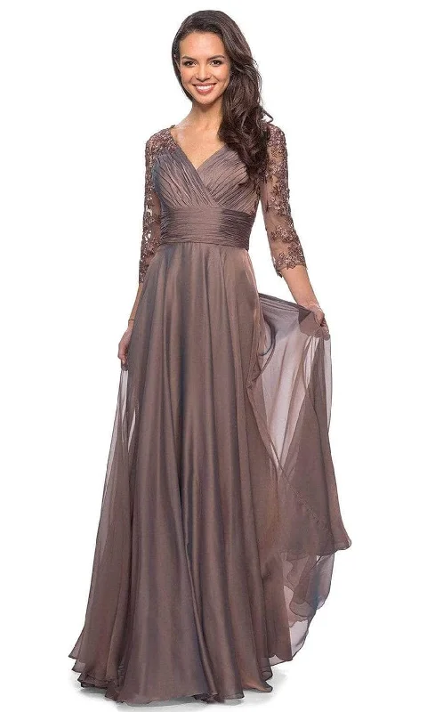 Formal Dress for Cultural ParadesLa Femme - Sheer Lace Quarter Sleeves Empire Waist A-Line Gown 27153SC