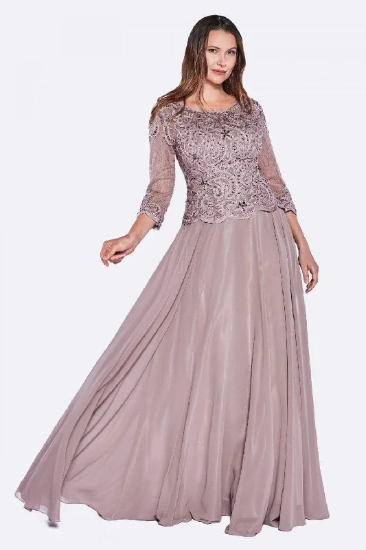 Formal Dress for Charity BallsCinderella Divine - 14327 Quarter Sleeve Soutache Bodice A-Line Long Formal Dress