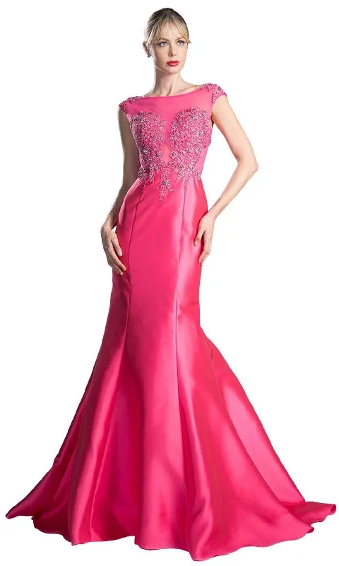 Formal Dress for Church WeddingsCinderella Divine - 8984A Cap Sleeve Appliqued Plunging Illusion Gown