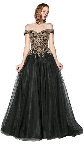 Formal Dress for PromsCinderella Divine - Beaded Off-Shoulder A-Line Gown KV1032 - 1 pc Black In Size 14 Available