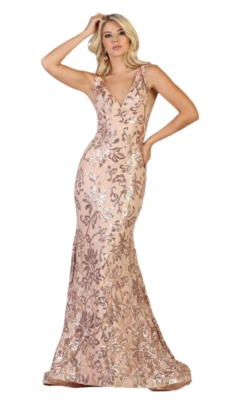 Formal Dress for Holiday PartiesMay Queen - RQ7746 Floral Sequined V-Neck Mermaid Gown