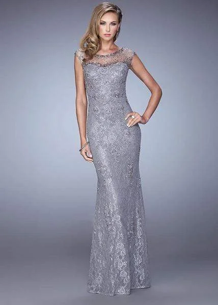 Formal Dress for Bar MitzvahsLa Femme - Sparkling Lace Sheath Gown 20673 - 1 pc Platinum in Size 10 Available