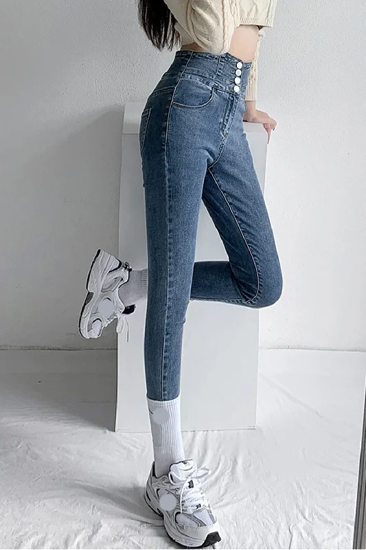 women's denim jeans for a flattering silhouetteKittenAlarm - High Waist 3 Buttons Skinny Jeans Pants