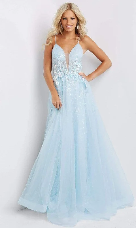 Formal Dress for Awards CeremoniesJVN by Jovani - JVN07637 Plunging V-Neck Floral Appliqued Gown