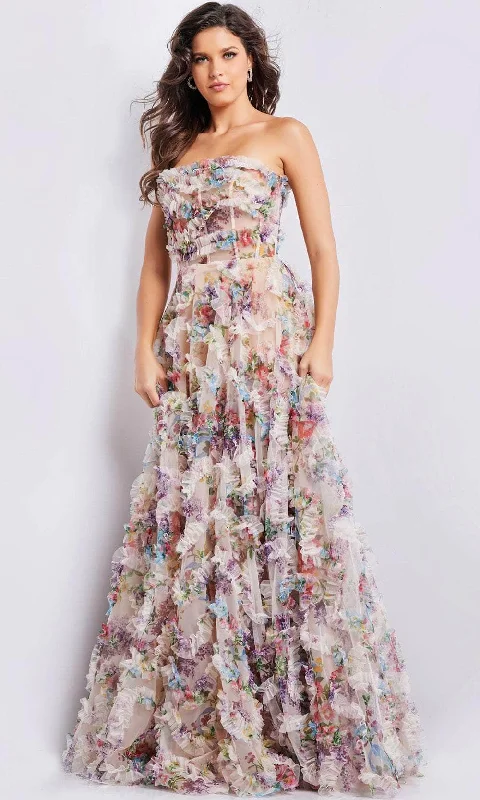 ELEGANT Formal Dress DesignsJovani 38650 - Floral Print Ruffled A-line Gown