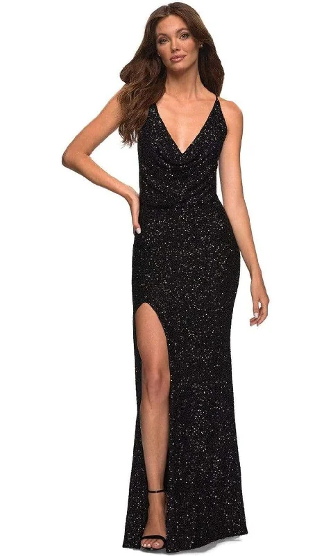 Formal Dress for Black-Tie Optional EventsLa Femme - 30376 Sequin Cowl V-Neck Gown