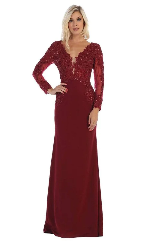 Formal Dress for International EventsMay Queen - MQ1630 Lace Appliqued Plunging V-Neck Gown