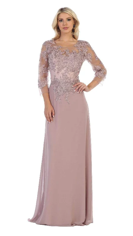 Formal Dress for Civil CeremoniesMay Queen - MQ1637 Illusion Quarter Sleeve Appliqued Sheath Gown