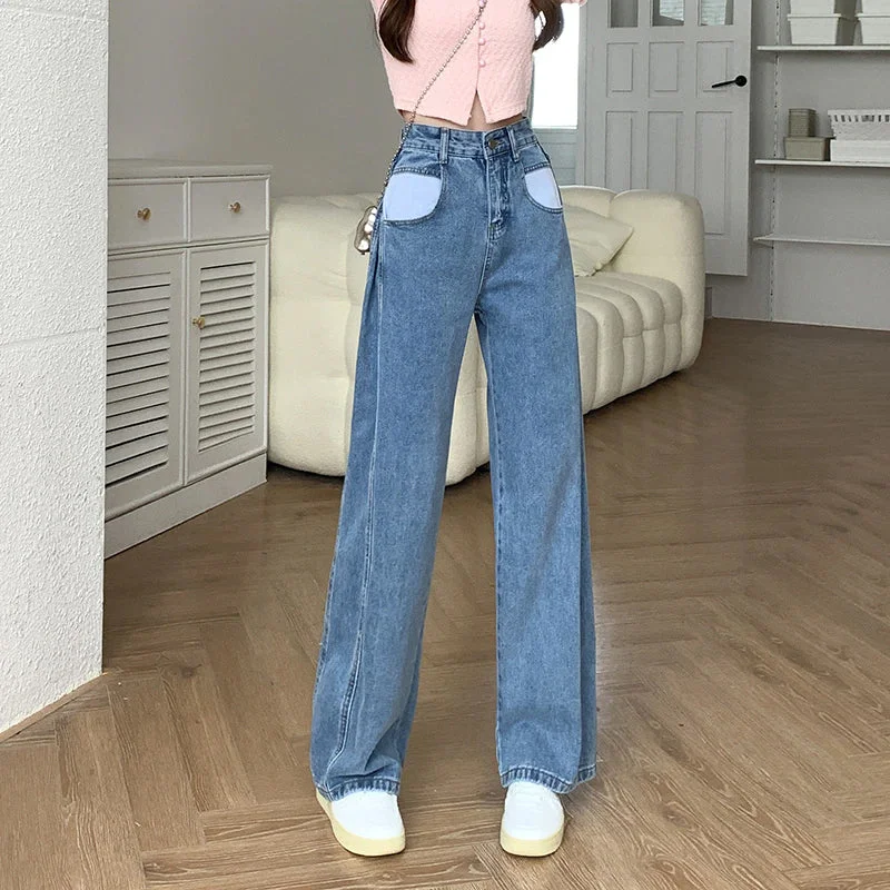 women's blue denim jeansKittenAlarm - High Waist Pocket Side Loose Jeans Pants