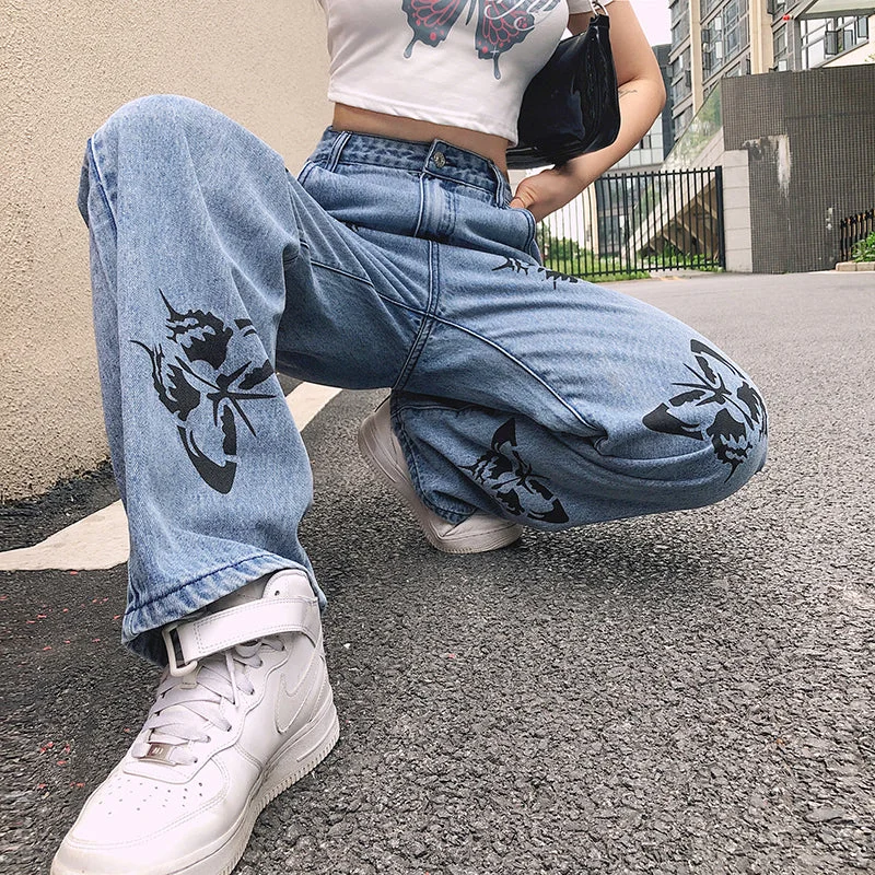 women's denim jeans with zipper-fly closureKittenAlarm - High Waist Wide Leg Butterfly Pattern Jeans Pants