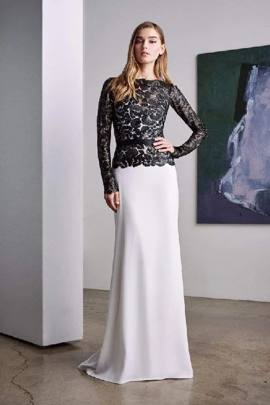 Formal Dress for Urban ThemesTadashi Shoji - Long Illusion Floral Lace Sheath Gown - 1 pc Platinum/Navy In Size 6 Available