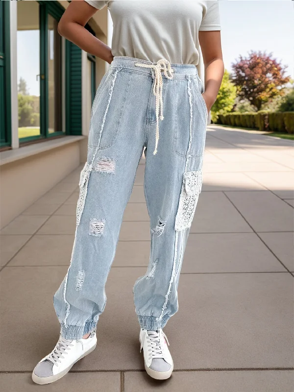 women's denim jeans with elastic waistbandsCrochet Pocketed Distressed Drawstring Jeans