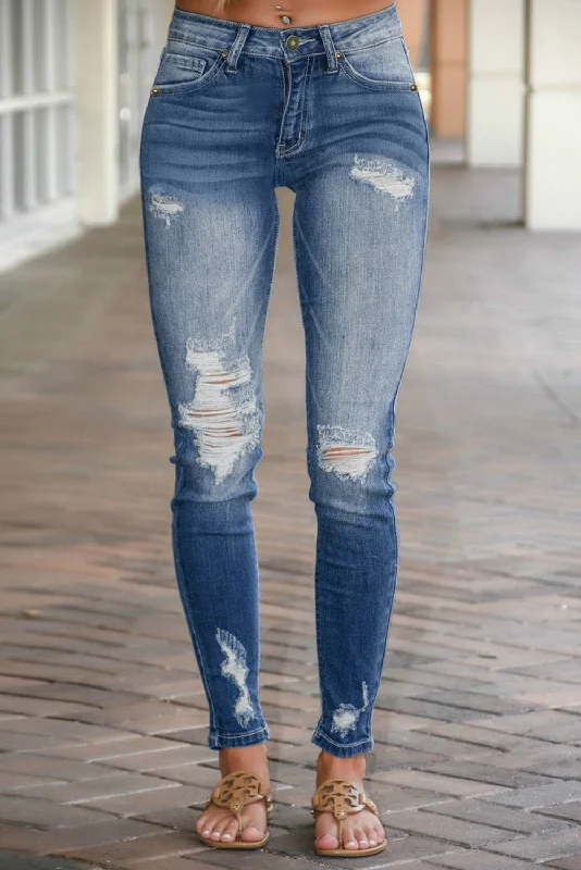 women's denim jeans with sequinsKittenAlarm - Women's Classic Straight Leg High Waisted Distressed Denim Pants Ripped Skinny Jeans