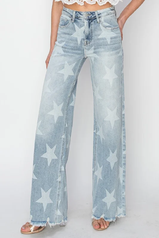 women's denim jeans for a cozy weekendRISEN Full Size Raw Hem Star Wide Leg Jeans