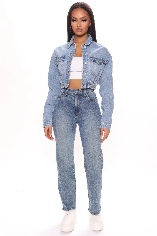 women's denim jeans with ripped kneesKittenAlarm - 90's Vibe High Rise Tapered Jeans - Medium Blue Wash