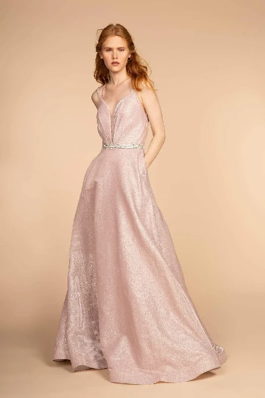 Affordable Formal Dress OptionsElizabeth K - GL2504 Pleated Plunging Bodice Glitter Long Gown